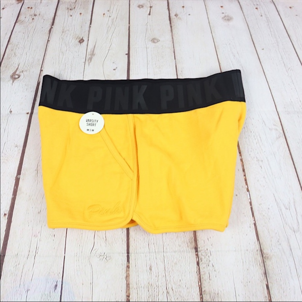VS Pink Logo Band Varsity Shorts Yellow / Black - Picture 2 of 5